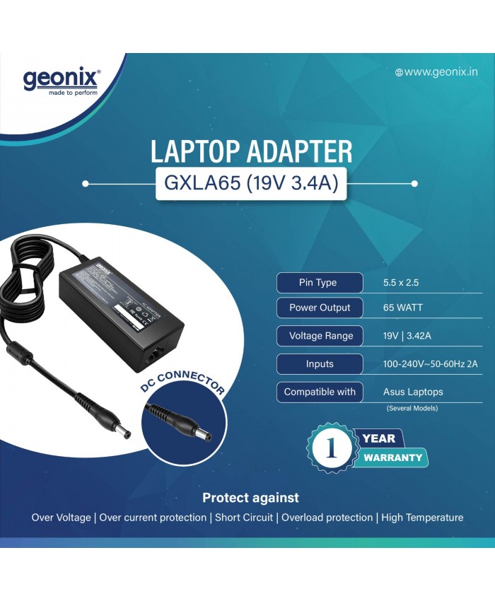 GEONIX LAPTOP ADAPTOR 65WATT  19V 3.4A ASUS