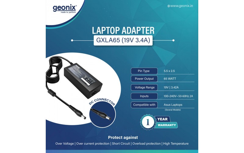 GEONIX LAPTOP ADAPTOR 65WATT  19V 3.4A ASUS