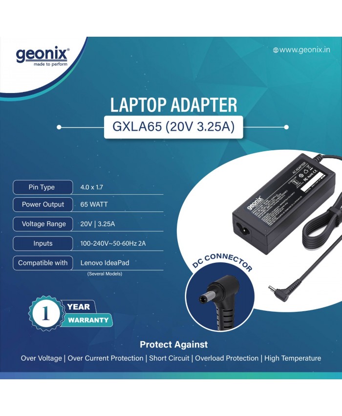 GEONIX LAPTOP ADAPTOR 65WATT  20V 3.25A LENOVO