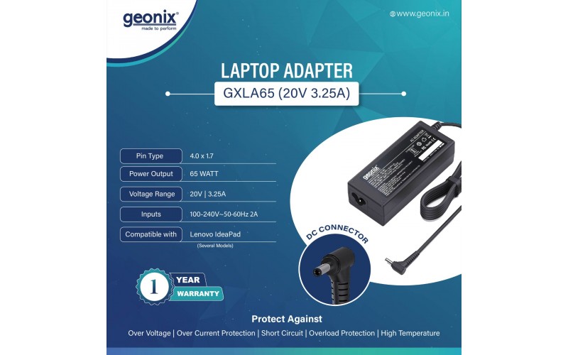 GEONIX LAPTOP ADAPTOR 65WATT  20V 3.25A LENOVO