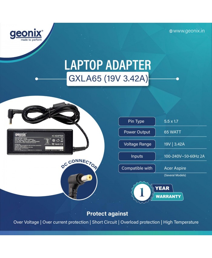 GEONIX LAPTOP ADAPTOR 65WATT  19V 3.42A ACER