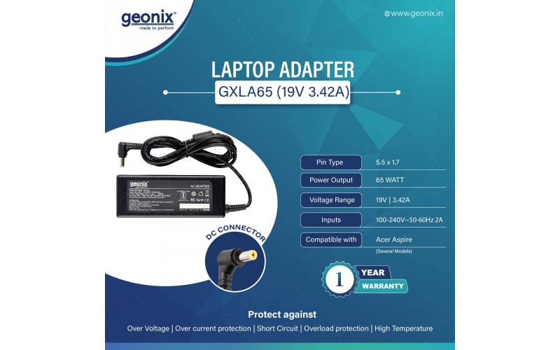 GEONIX LAPTOP ADAPTOR 65WATT  19V 3.42A ACER