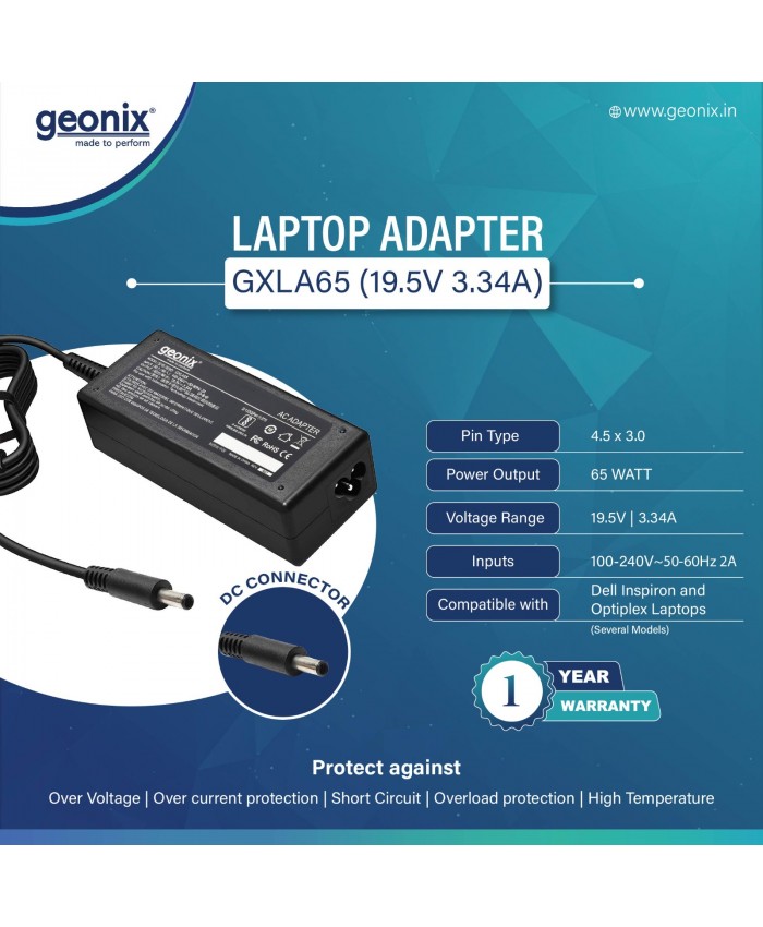 GEONIX LAPTOP ADAPTOR 65WATT  19.5V 3.34A DELL