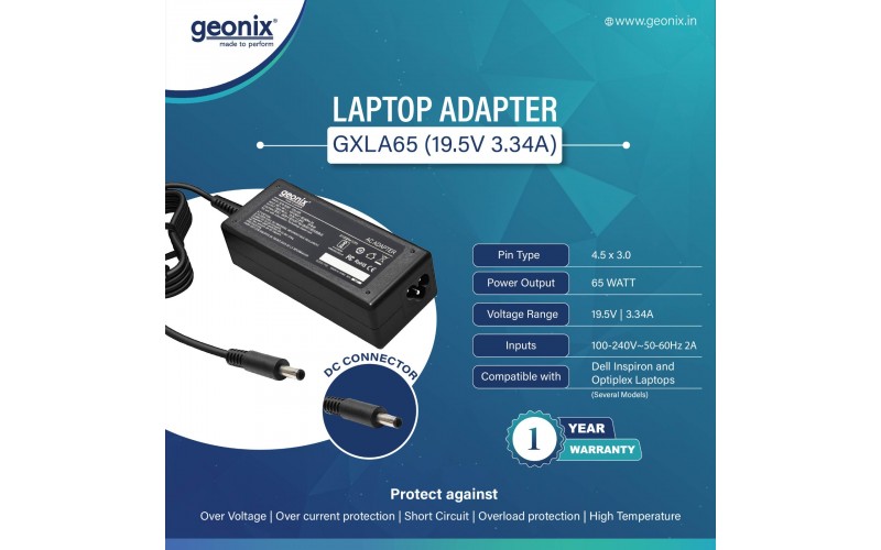 GEONIX LAPTOP ADAPTOR 65WATT  19.5V 3.34A DELL