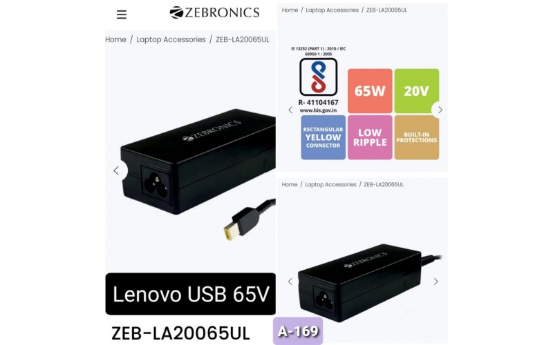ZEBRONICS  LAPTOP ADAPTER 65V LENOVO USB LA20065UL